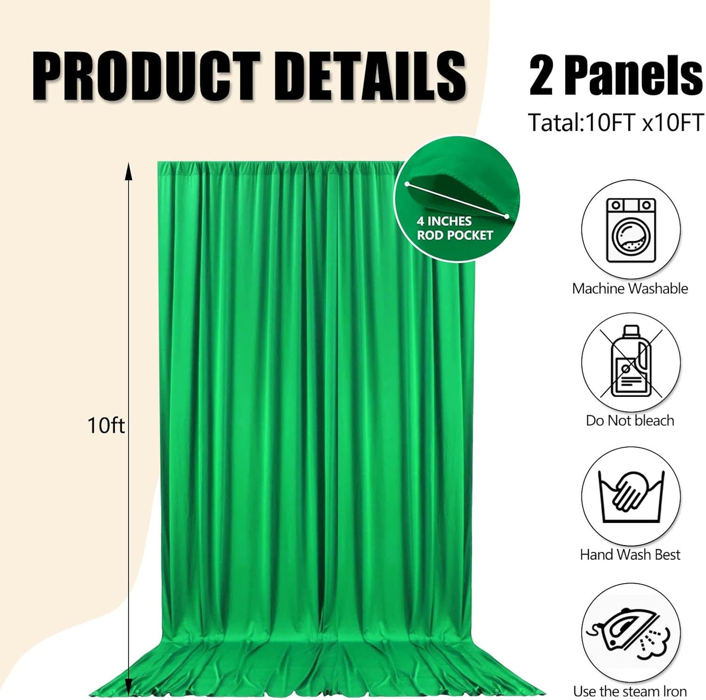 10ft x 10ft Green Backdrop Curtains for Parties, Fabric Satin Background Curtain with Rod Pockets for Weddings, Birthday, Baby Shower, Photography, Graduation Party Backdrop Drapes, 2 Panels