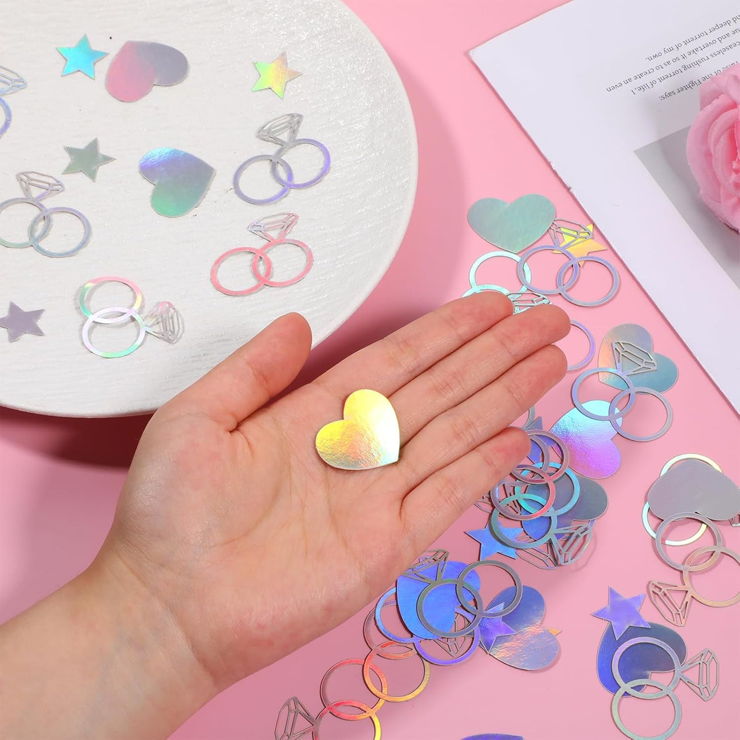 300 Pcs Iridescent Bachelorette Confetti, Bridal Shower Decoration Confettis, Wedding Decorations Diamond Ring Heart Star Table Confetti for Engagement Party Decorations, Bridal Shower supplies