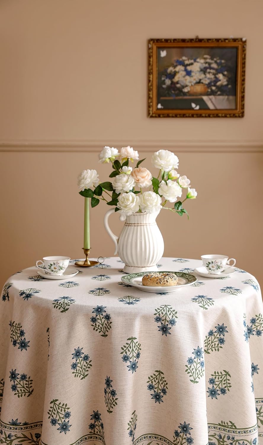 ISAENNE Designer White Linen Small Round Tablecloth,Chinoiserie Floral Elegant Indoor Table Cloth,Fall Stain Proof Decor Tablecloths for Dining Thanksgiving Kitchen,Diameter 55"-Mosella F