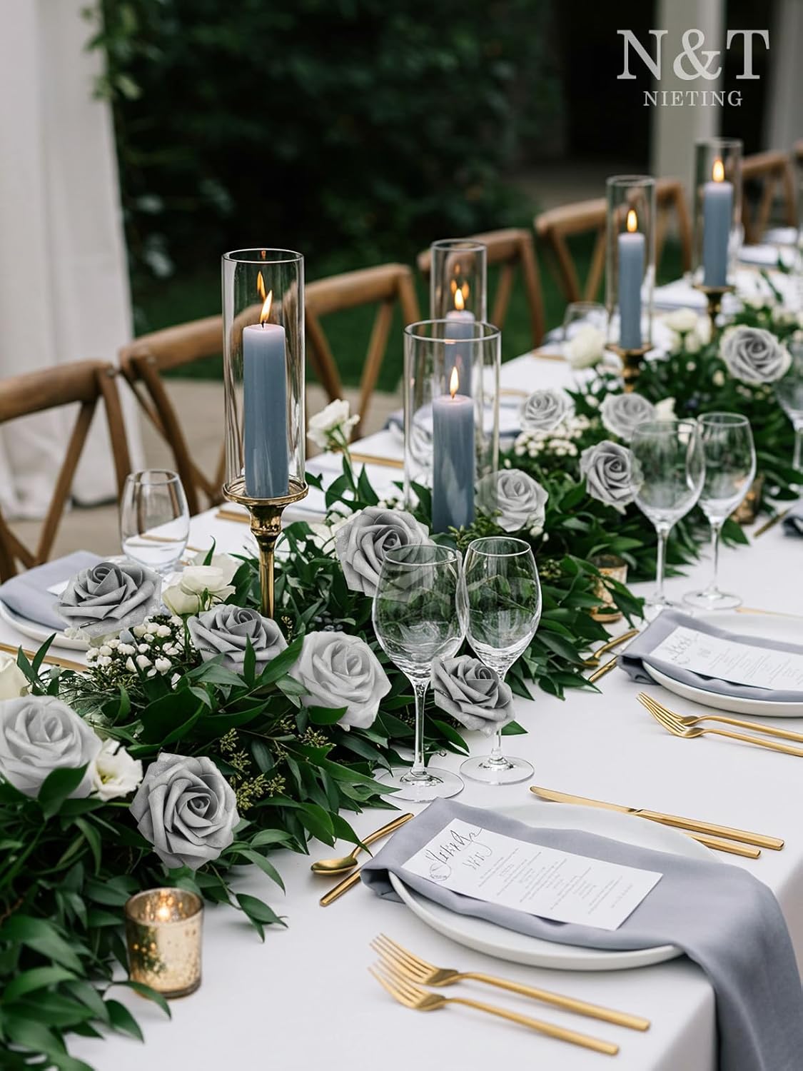 N&T NIETING Roses Artificial Flowers, 50Pcs Fake Flowers Foam Roses with Stems for DIY Wedding Bridesmaid Bridal Bouquets Centerpieces Party Home Decoration Baby Shower, Silver White and Silver Grey