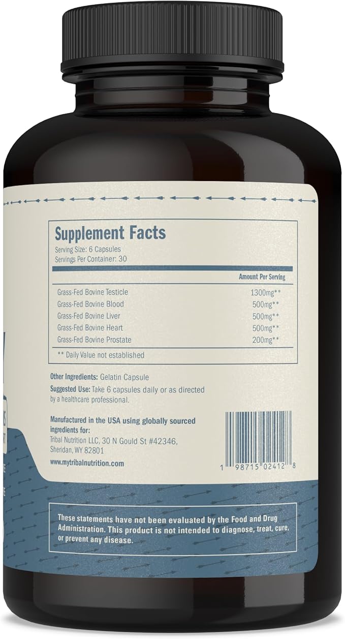 100% Grass Fed Beef Testicle with Prostate, Blood, Liver & Heart - Beef Organ Supplement for Men's Health & Vitality - 3000mg / 30 Servings