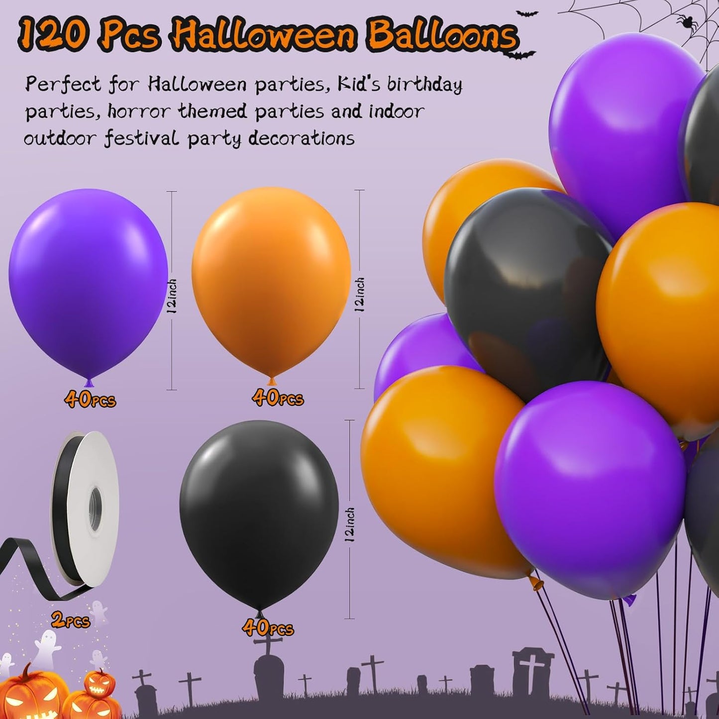 Orange and Black Balloons with Ribbons, 12-Inch Halloween Party Orange Purple and Black Latex Balloons for Halloween Party Decorations, Perfect for Spooky Party Decor