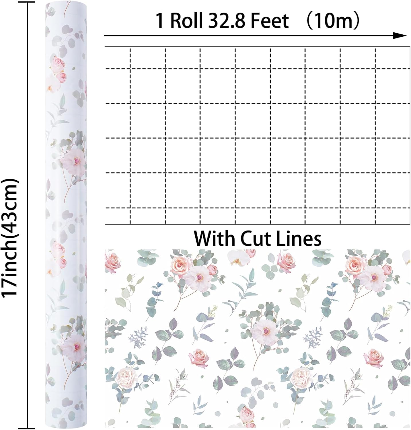 Ulmasinn Floral Wrapping Paper Roll - 17 Inches x 33 Feet - Vintage Romantic Rose Flower Gift Wrap with Cut Lines for Wedding, Birthday, Bridal Shower, Mother’s Day