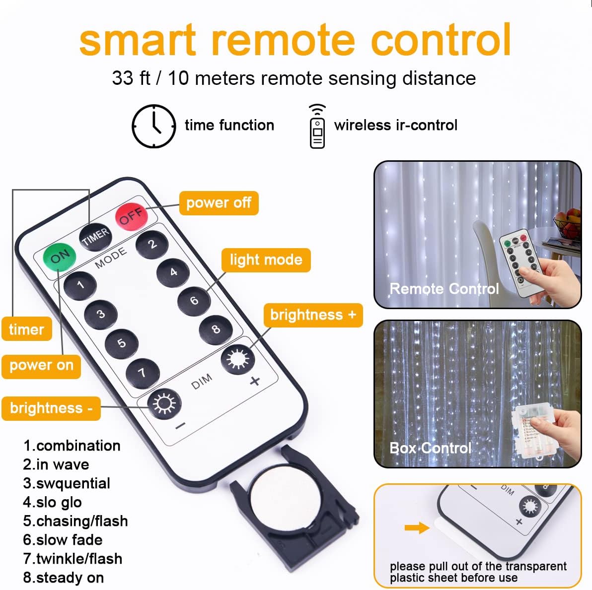 Vicloon Fairy Curtain Lights,300 LED White Curtain Lights,8 Modes 9.8×9.8Ft Waterproof Window Curtain String Light USB&Battery Powered with Remote Control,String Lights Curtain for Indoor,Outdoor