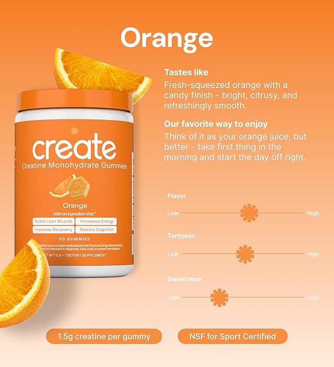 Create Creatine Monohydrate Gummies for Men & Women, Boost Focus, Strength, and Endurance, Anti-Melting Formula, Vegan, Gluten-Free, Non-GMO, 1.5g of Creatine per Gummy (Orange, 90 ct)