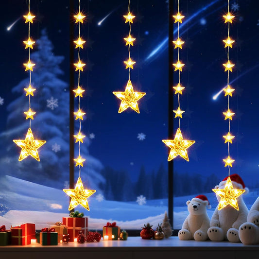 32 Stars Christmas Window Lights, IP65 Waterproof 52 LEDs Twinkle Star Fairy String Lights with 8 Modes Timer, Warm White & Multicolor, Battery Operated Hanging Xmas Star Decoration for Indoor Outdoor