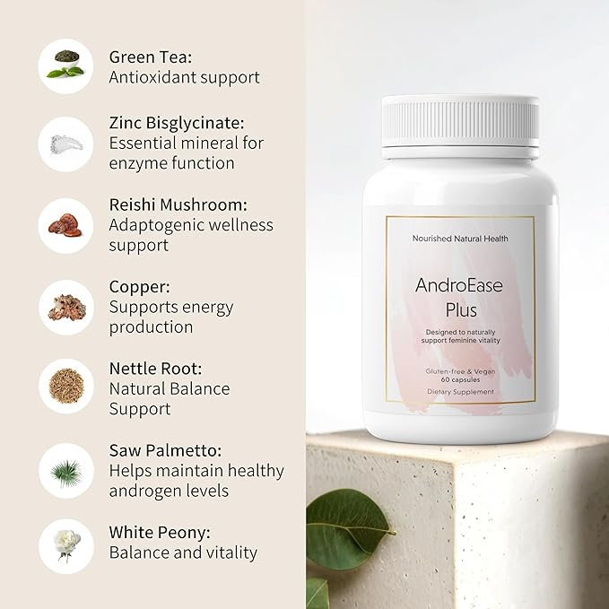 Nourished AndroEase Plus - Natural Balance Supplement for Women - Vegan Formula with Zinc & Saw Palmetto - 240 Capsules for Daily Wellness & Vitality - Made in USA