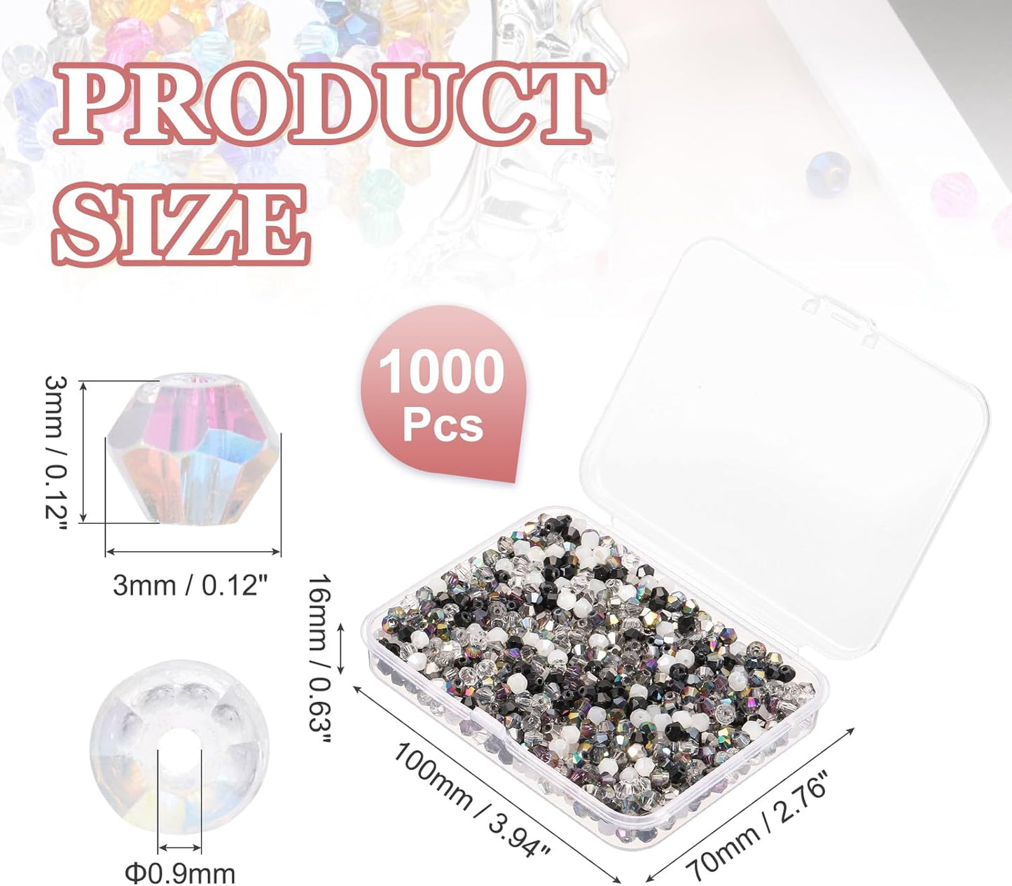 PATIKIL 1000pcs 3mm Bicone Glass Crystal Beads, Faceted Glass Spacer Beads with Box for Jewelry Making Bracelet Necklace Earrings DIY Suncatcher Craft, Mix Color