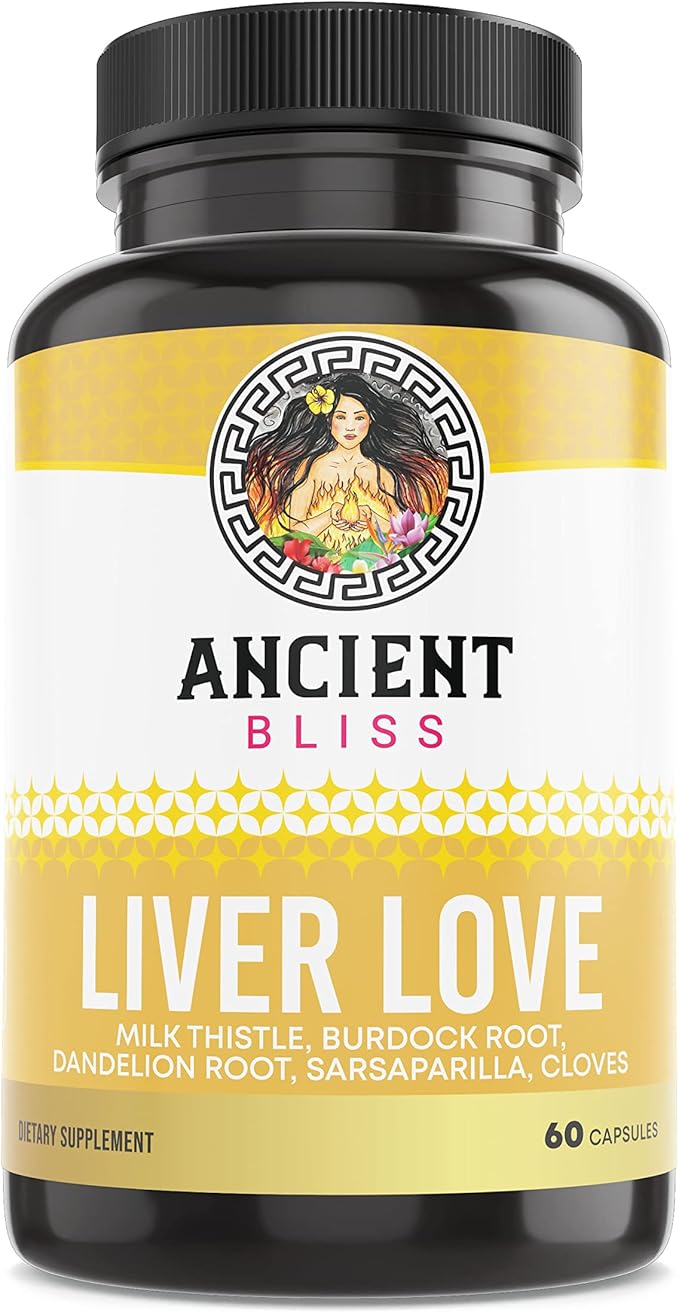 Ancient Bliss Liver Love - Natural Milk Thistle Liver Detox and Liver Health Cleanse Supplement - Support Healthy Liver in Men and Women - 60 Capsules - with Burdock, Dandelion, Cloves, and More