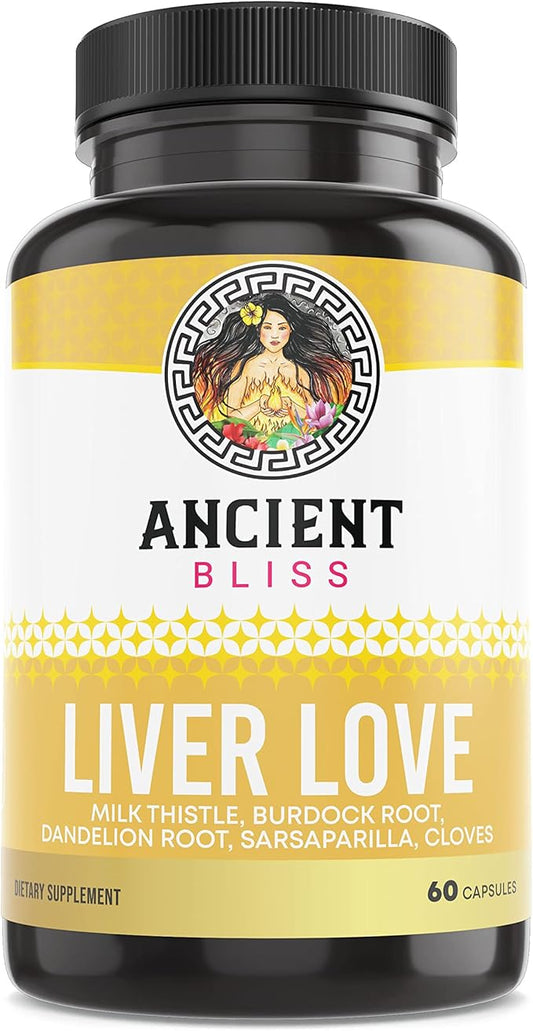 Ancient Bliss Liver Love - Natural Milk Thistle Liver Detox and Liver Health Cleanse Supplement - Support Healthy Liver in Men and Women - 60 Capsules - with Burdock, Dandelion, Cloves, and More