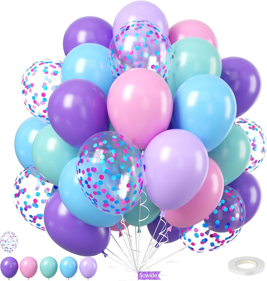 Mermaid Balloons, 50Pcs 12 Inchs Baby Pink Purple Blue Confetti Balloons for Girls Princess Birthday Ocean Theme Party Baby Shower Wedding Engagement Decorations