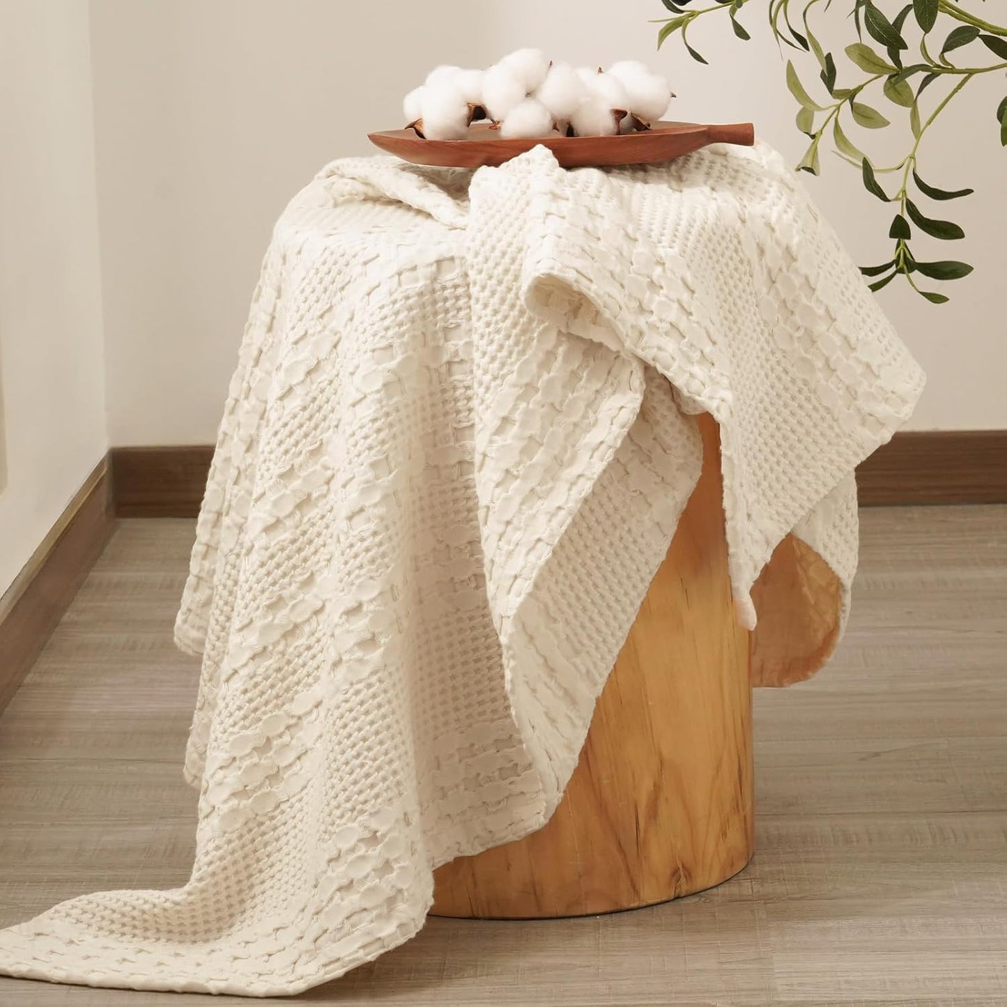 PHF 100% Cotton Waffle Weave Throw Blanket, Soft Lightweight Breathable Cozy Throws for Couch Bed Sofa, Luxury Aesthetic Woven Blanket for Home Decor & Office, 50"x60", Undyed