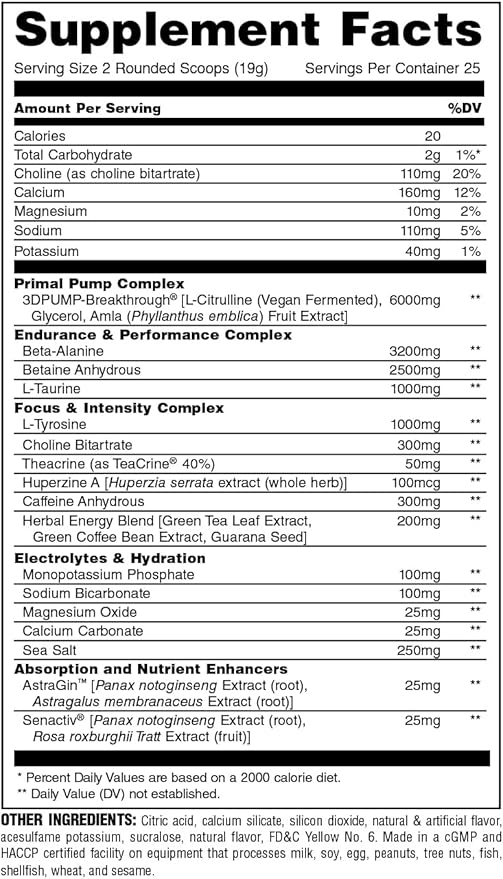 Animal Primal Muscle Hydration + Preworkout Powder – Contains Beta Alanine, 3DPump, Caffeine & Electrolytes – Improves Energy, Focus, Endurance & Absorption – New Wick’d Peach Flavor, 16.75 oz