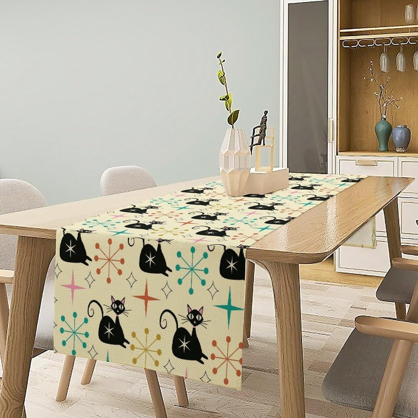 Mid Cat Table Runner, Vintage Black Cat and Atomic Stars 1950s 1960s Abstract Geometric Space Pattern Table Decoration for Home Kitchen Restaurant 13x108 Inches
