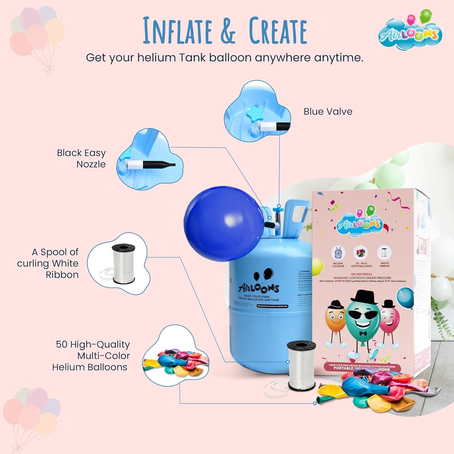 Airloons Helium Balloon Kit with 14.9 Cu Ft Tank – Includes 50 Multicolor 9 inch Latex Balloons, Ribbon & Easy to Fill Nozzle – Easy Setup for Birthdays, Weddings, Baby Showers