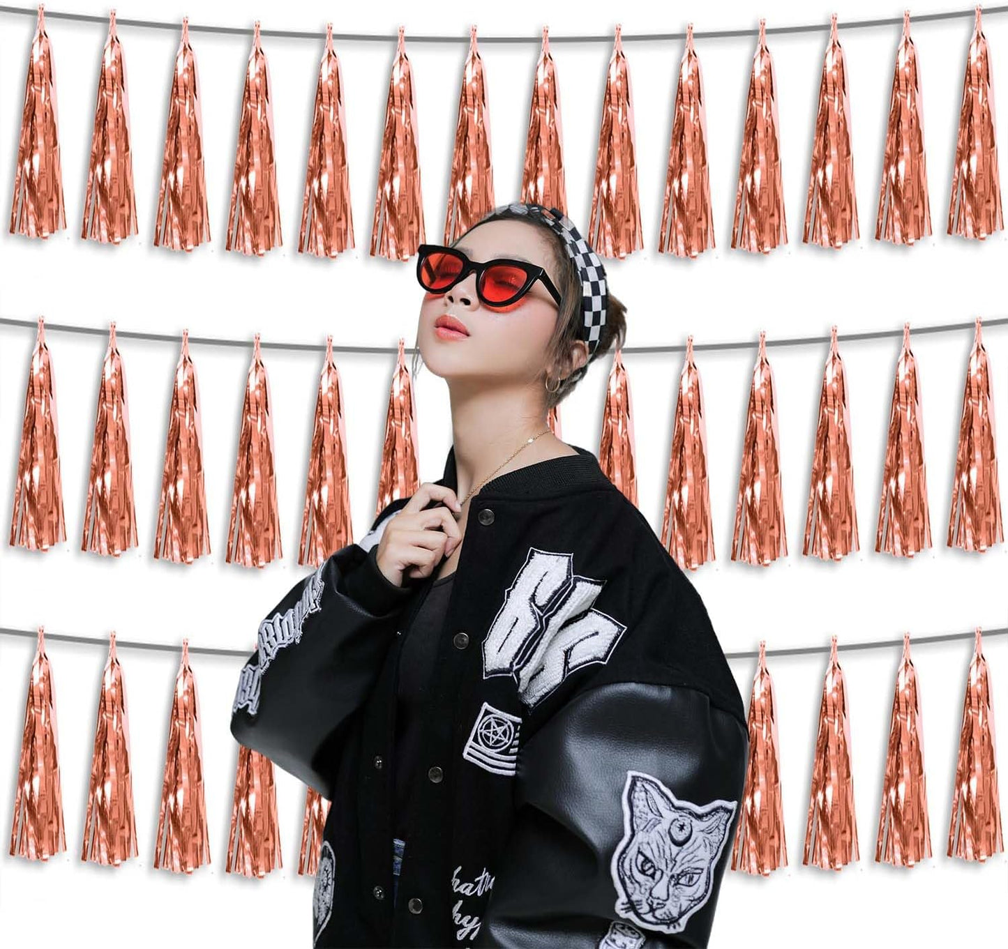 3P Metallic Fringe Tassel Banner Garland Foil Tinsel Streamer Wall Hanging Curtain Backdrop Banner for Parade Floats,Graduation Decorations, Wedding Party Decoration(Rose Gold)