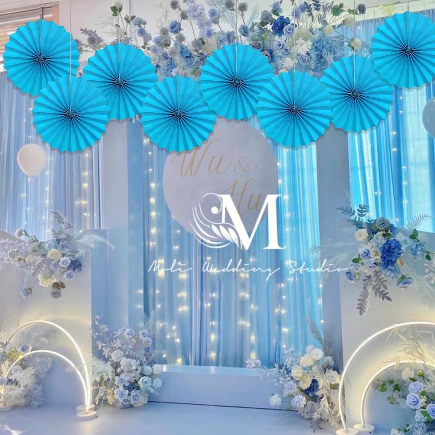 Blue Hanging Paper Fans,Blueaccessories Paper Decorations for Party,Blue Harmony Classroom Decorations,Party Decorations for Boys 12in Hanging Paper Fans 30 Color DIY Set (Sky Blue)