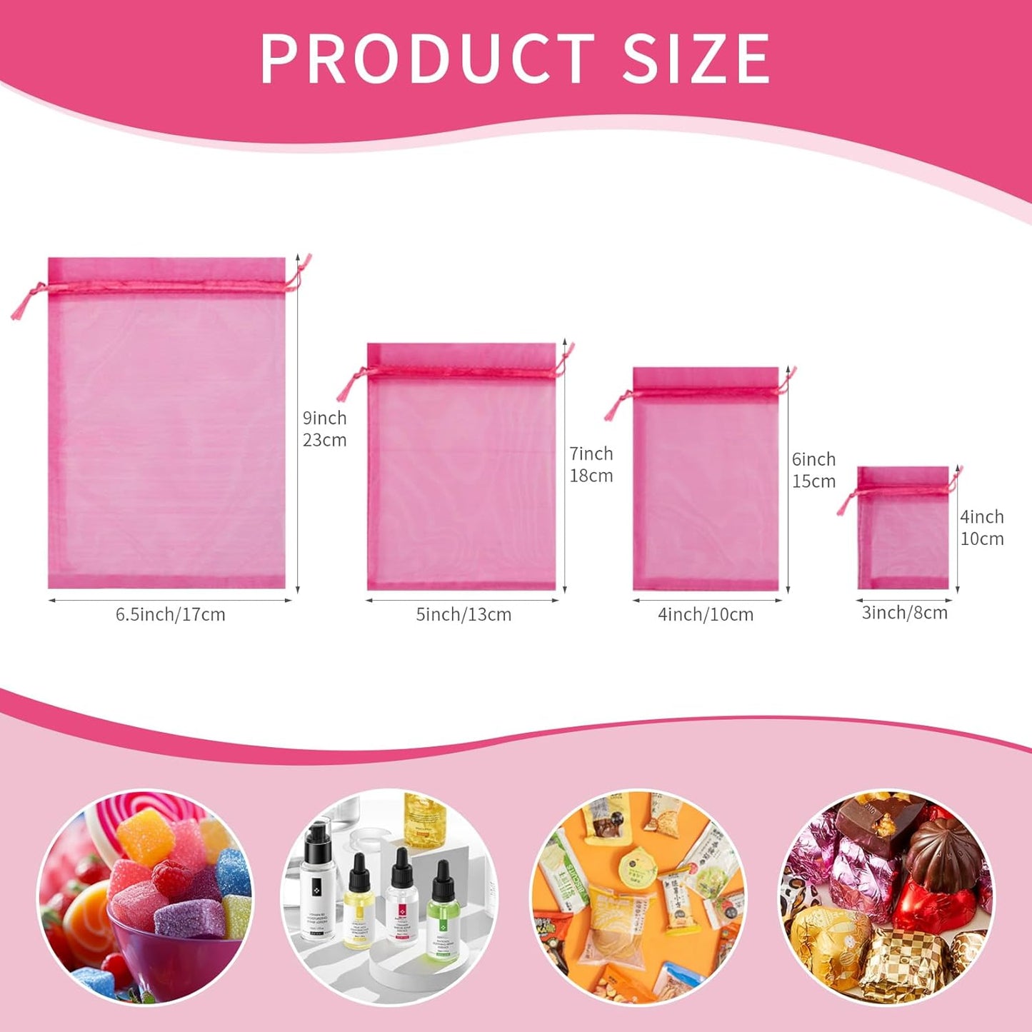 50 Pcs Hot Pink Organza Gift Bags 5x7 Inch, Small Mesh Bags Drawstring Jewelry Pouch Bags Goody Bags for Candy Wedding Party Favor