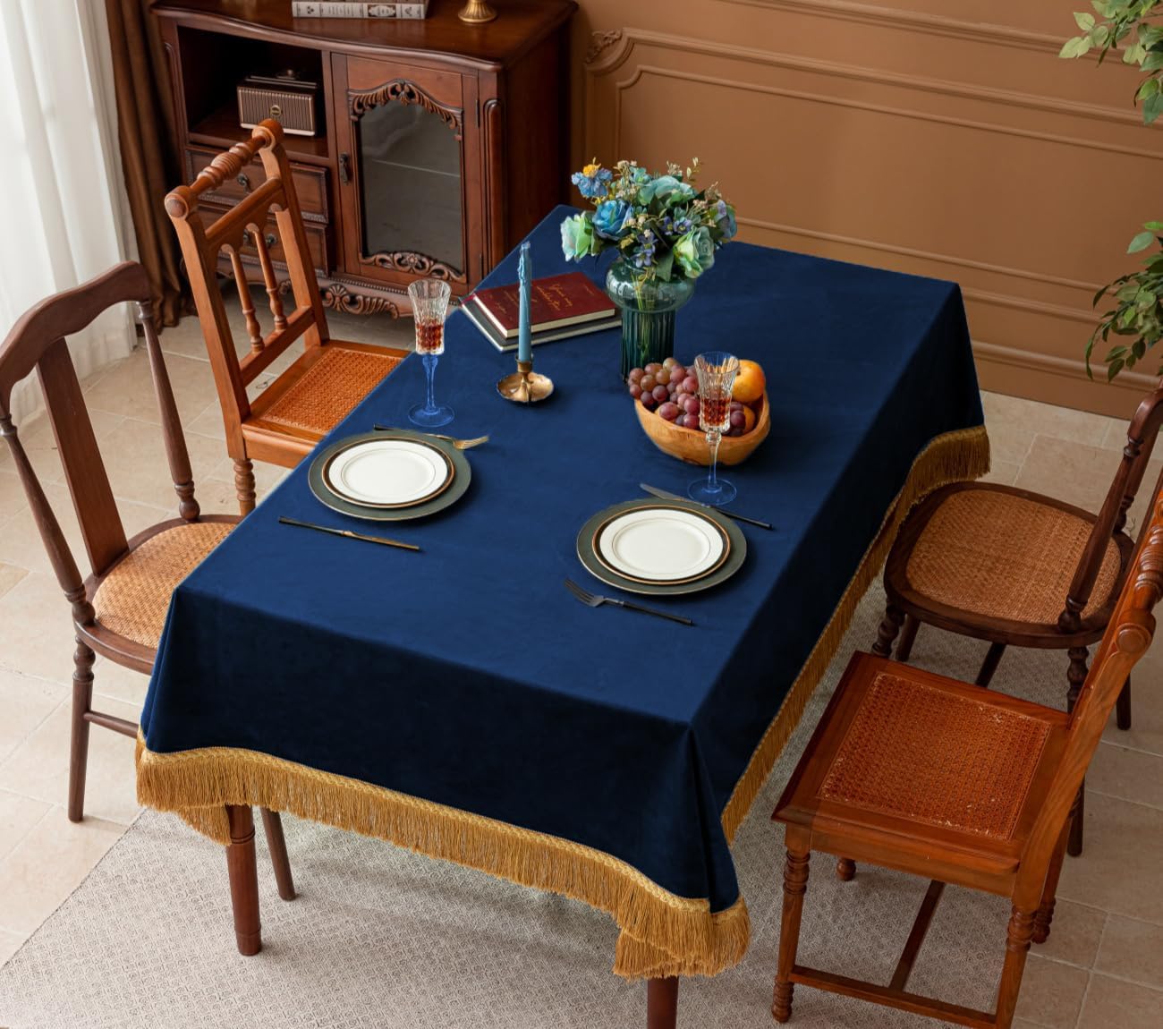 F-CHU Luxury Blue Tablecloth Thickset Velvet Tablecloth with Beautiful Gold Tassels Vintage Table Cloth for Home Decor Wedding, Party, Banquet and Events 60x70-Inch