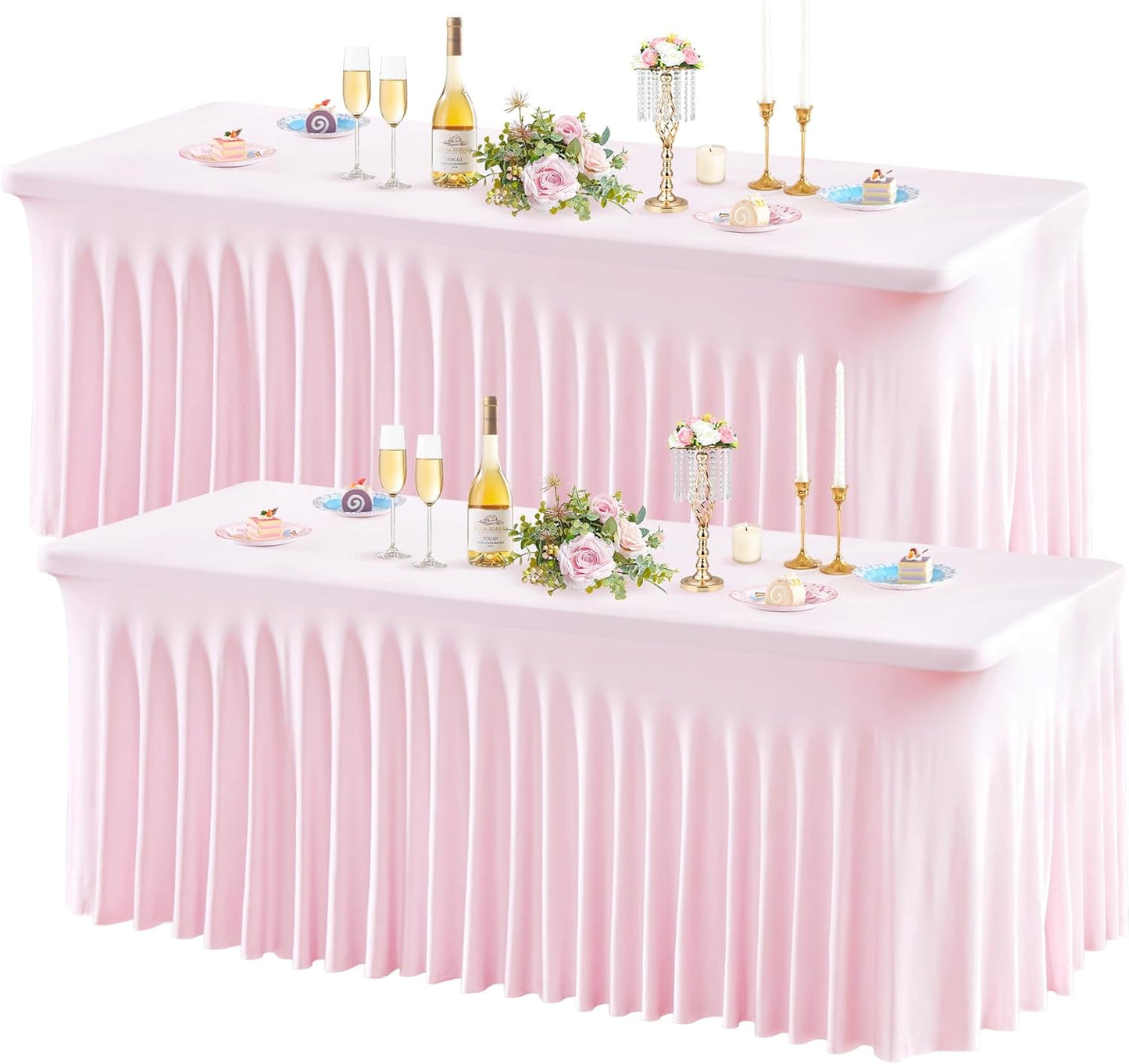 Wish Care 2 Pack Pink Spandex Table Clothes for 4 Foot Rectangle Tables, 4FT Wrinkle Free Fitted Tablecloths Ruffles Design Table Cover for Party, Banquet, Wedding and Events