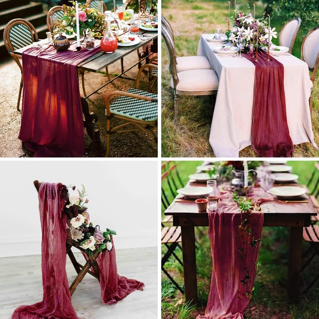 10 Pack Wine red Cheesecloth Table Runner -21*120Inch Long Boho Wedding Table Decor, Rustic Gauze Fabric Runner for Bridal Showers, Baby Showers & Parties (Sheer, Lightweight, Wrinkled Design)