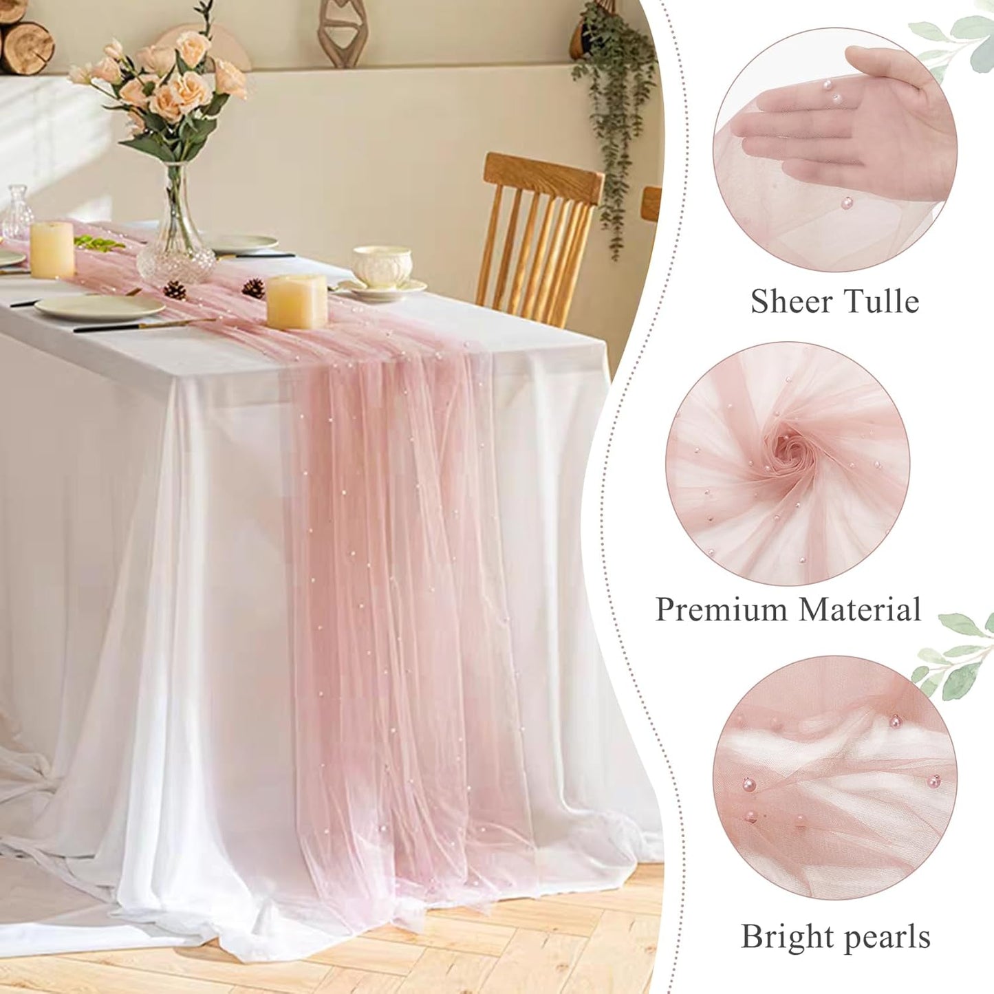 Pearl Table Runner 29 x 120 Inch Tulle Fabric Lace Table Runners Boho Rustic Tablecloth for Bridal Shower Birthday Party Wedding Arch Aisle Veil Dessert Table Decor(1 Pack, Dusty Pink)