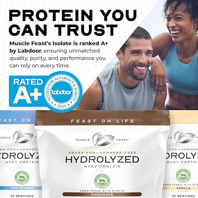 Muscle Feast Hydrolyzed Whey Protein Powder, Grass Fed and All Natural Hormone-Free, Hydro Whey Powder for Men and Women, Gluten Free, Non-GMO, Delicious Hydrolyzed Protein Powder, Chocolate, 5lb