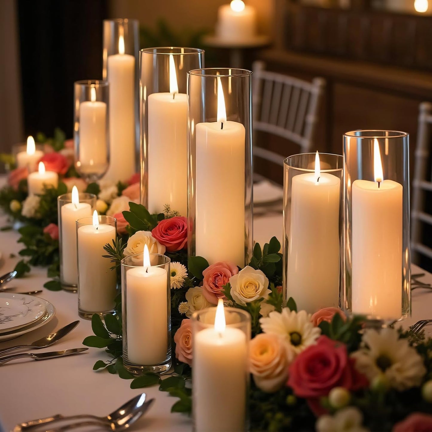 36 PCS White Pillar Candles with Glass Candle Holders Clear Hurricane Candle Holders Glass Cylinder Vases for Centerpieces Wedding Party, Event, Home Office (18 Candles+18 Candle Hoders)