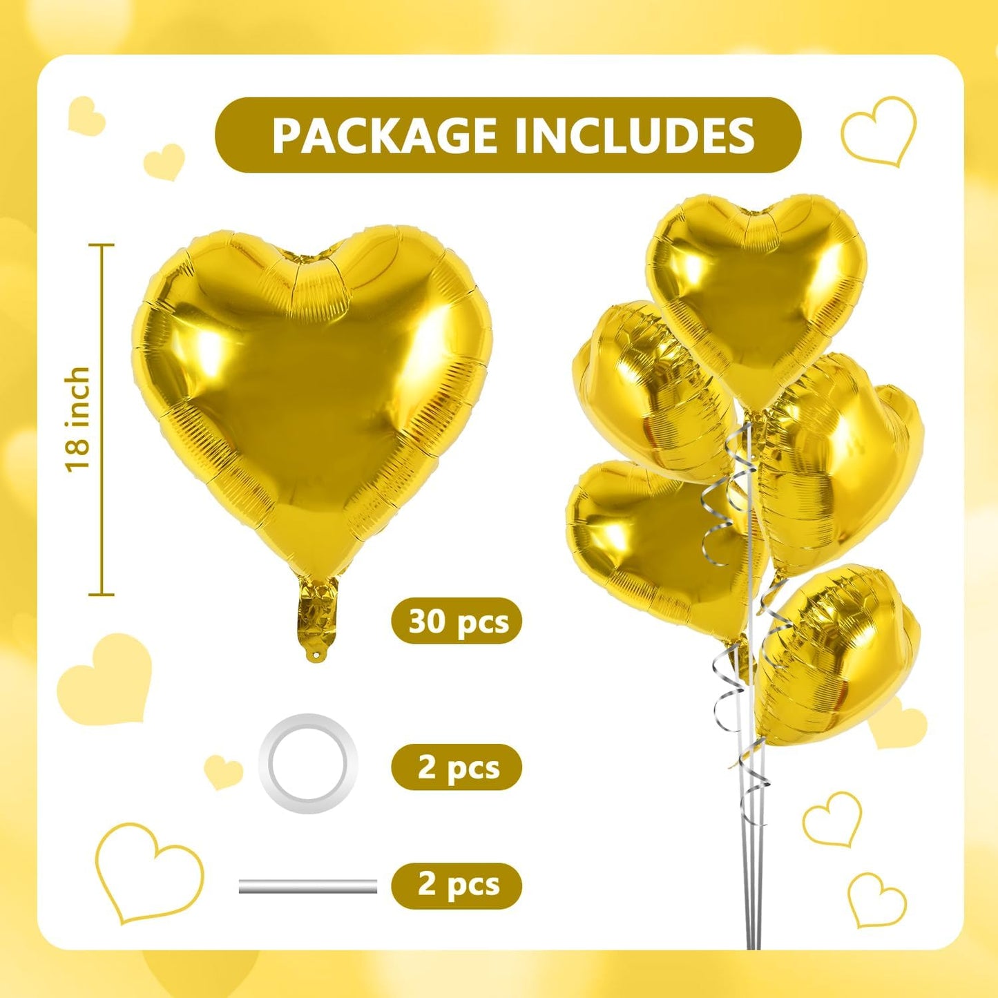 TONIFUL 30Pcs 18 Inch Gold Heart Balloons Gold Heart Shape Foil Mylar Balloons Decoration for Birthday Valentine's Day Wedding Bridal Shower Anniversary Engagement Party Supplies