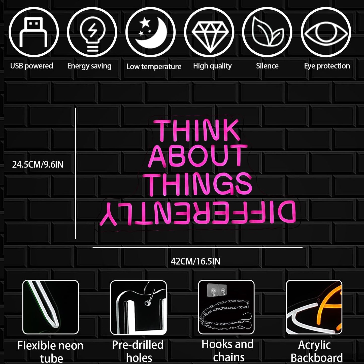 Think About Things Differently Neon Sign, Dimmable Office Neon Light, Pink Letter LED Light Up Sign for Classroom, Bedroom, Office, Study Room, Library Decoration