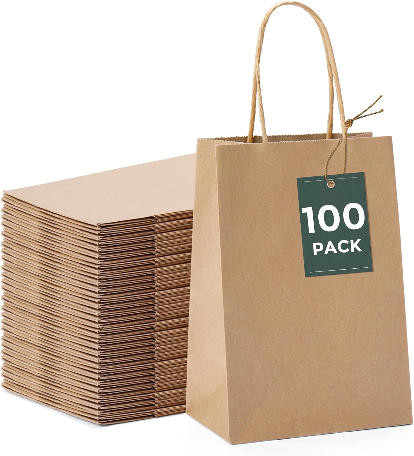 GSSUSA 100 Pack Paper Gift Bags 5.25x3.75x8 Inch Small Brown Paper Bags with Handles Bulk, Brown Kraft Bag for Small Business, Sturdy Grocery Retail Shopping Birthday Party Favor Craft Bag （Made in USA）