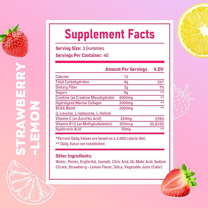 Creatine for Women, Creatine Monohydrate Gummies with Collagen+BCAAs+Hyaluronic Acid+Vitamin C & B12, Supports Lean Muscle, Booty, Energy & Recovery, 120 Sugar-Free Flavored Vegan Gomitas de Creatina