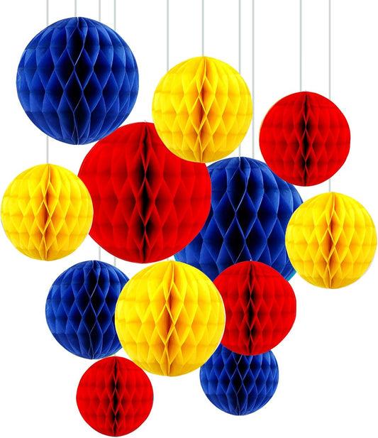 ZOOYOO 12Pcs 6" 10" Honeycomb Balls Decorations Hanging Tissue Paper Pom Poms for Kids Birthday,Party Decorations(Blue Red Yellow)