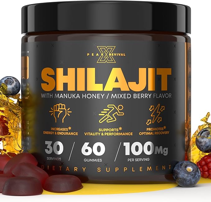 Peak Revival Shilajit Gummies with Manuka Honey, Mixed Berry Flavor, 60 Count, 100mg per Serving, 30 Servings
