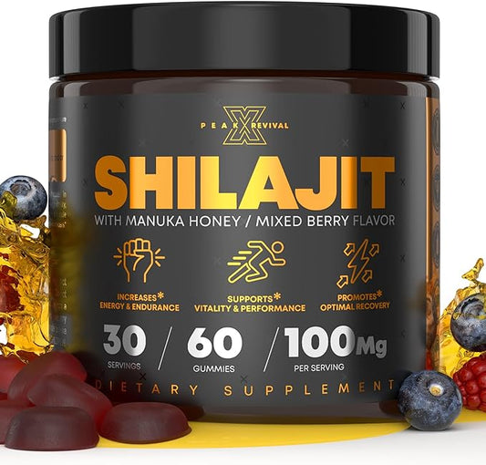 Peak Revival Shilajit Gummies with Manuka Honey, Mixed Berry Flavor, 60 Count, 100mg per Serving, 30 Servings