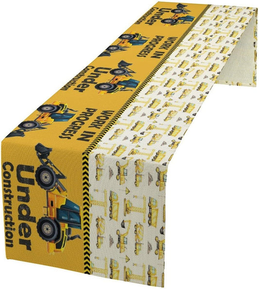 Cartoon Car Table Runner,Boys Kids Construction Vehicles Truck Yellow Print Tablecloth Burlap for Hotel Indoors Outdoor Dining Room Kitchen Home Decor,W13X L70 in