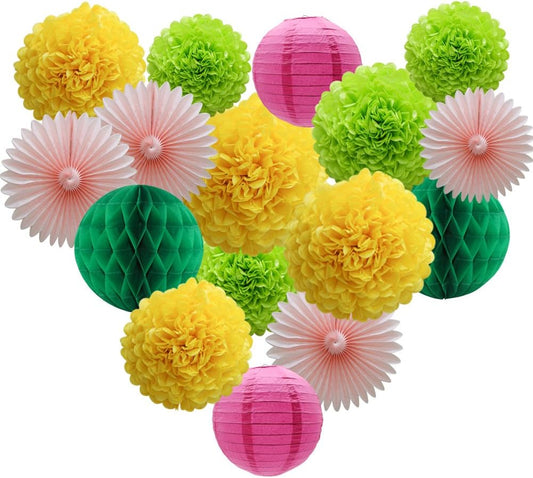 Party Decorations Kit Hanging Paper Fan Tissue Pom Poms Flowers Honeycomb Balls Paper Lantern for Trial Baby Shower First Birthday Bridal Shower Summer Decorations Hawaiian Luau Beach Supplies