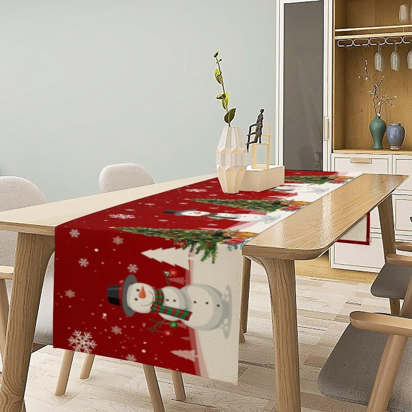 Christmas Table Runner,Snowman Rustic Red Snowflake Winter Table Cloth Kitchen Dining Table Decoration for Home Party Decor 13x120 Inch