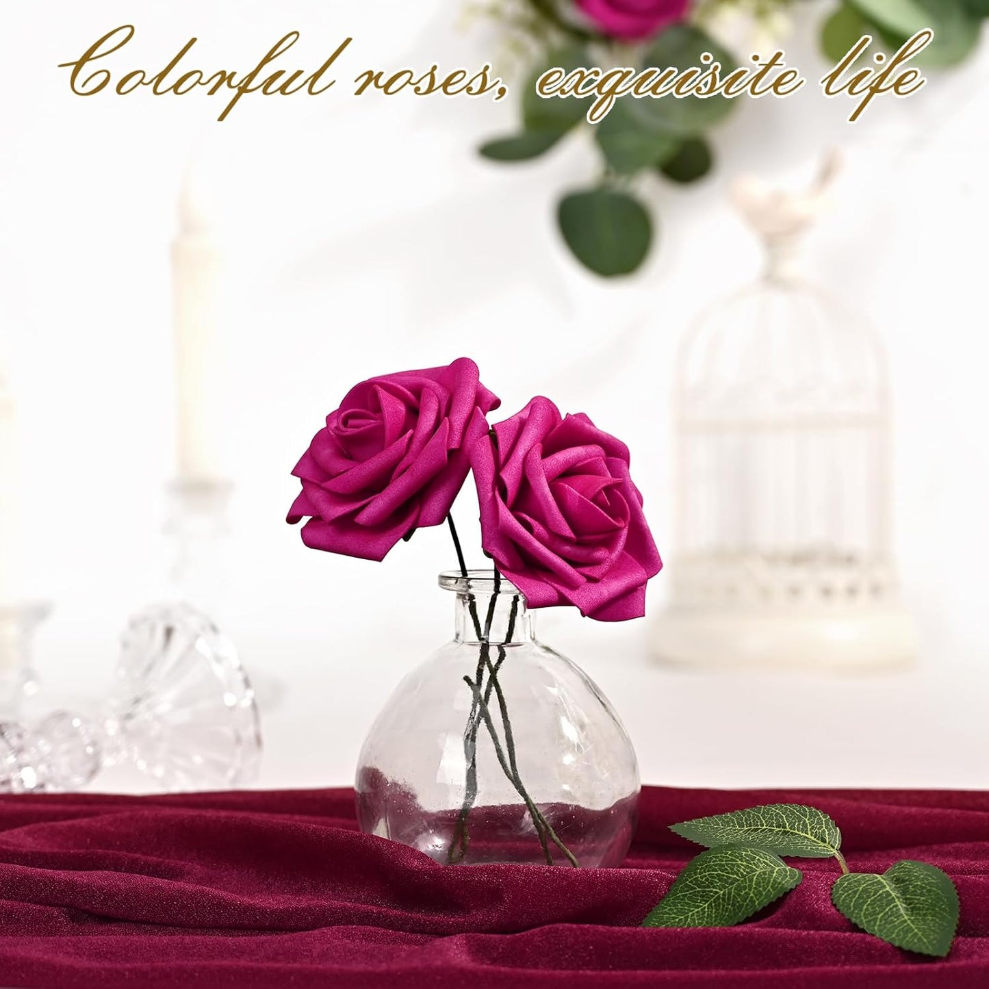 BLEUM CADE 16Pcs Artificial Flowers Fake Roses with Stems, Rose Red Boxed Foam Roses for DIY Bouquets Centerpieces Wedding Party Arrangement Bridal Shower Decor