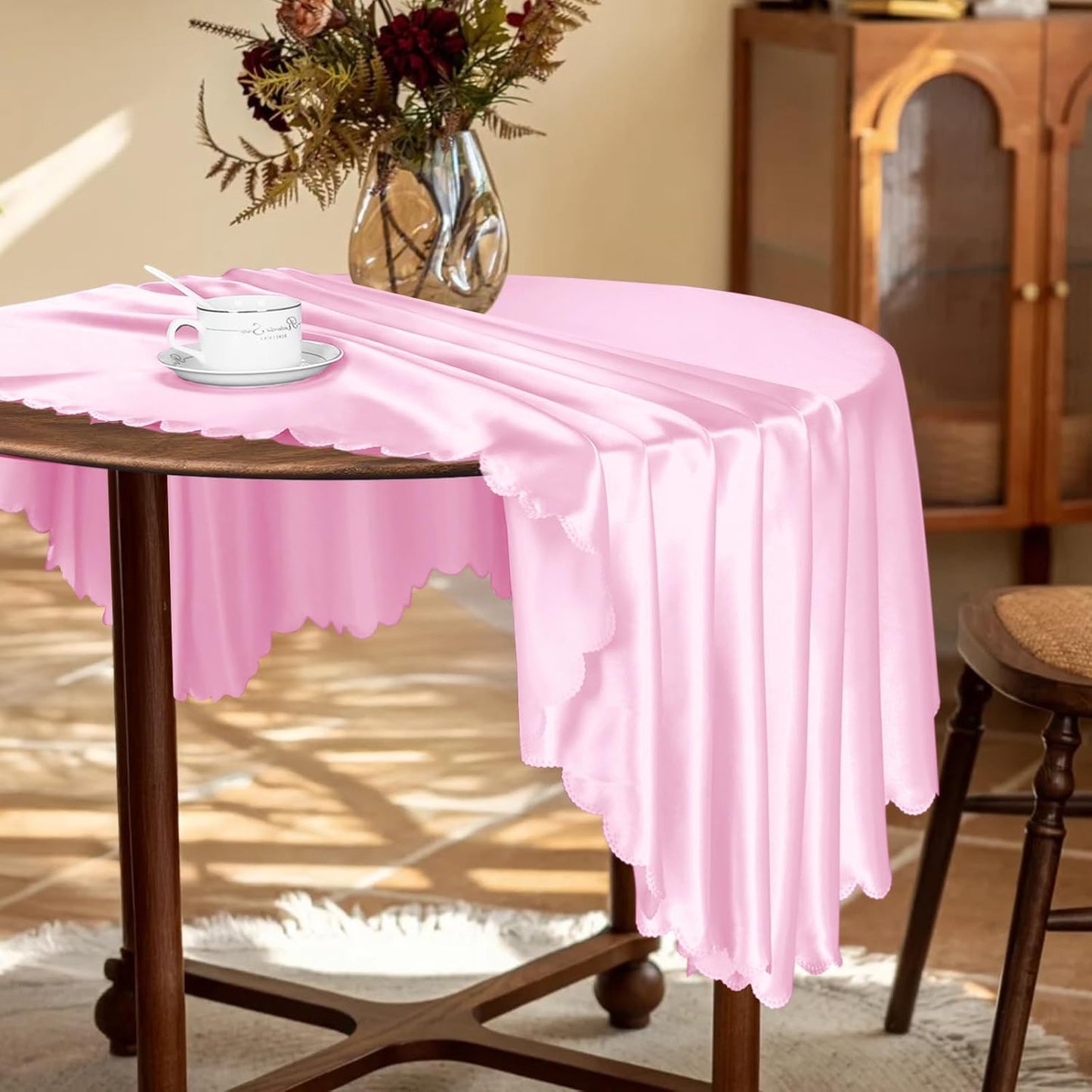 KKJIAF 1 Pack 108 Inch Round Table Cloth, Light Pink Overlay Round Satin Table Cover, Silky Satin Dining Tablecloths for Wedding Buffet Parties Banquet Decoration