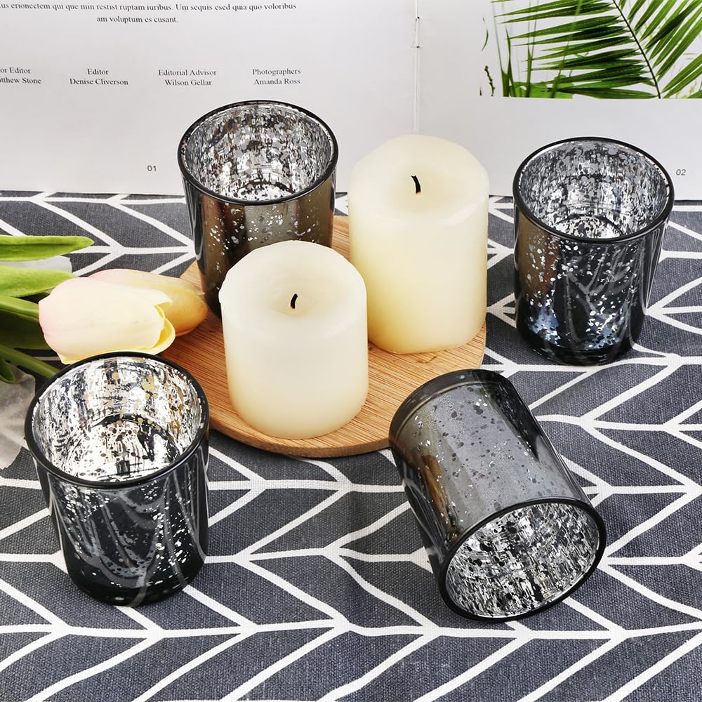 Black Mercury Glass Tea Light Holders Set of 36 - Elegant Votive Candle Holders for Weddings, Showers and Home Decor - Perfect for Table Centerpieces and Parties (Glass, Black)