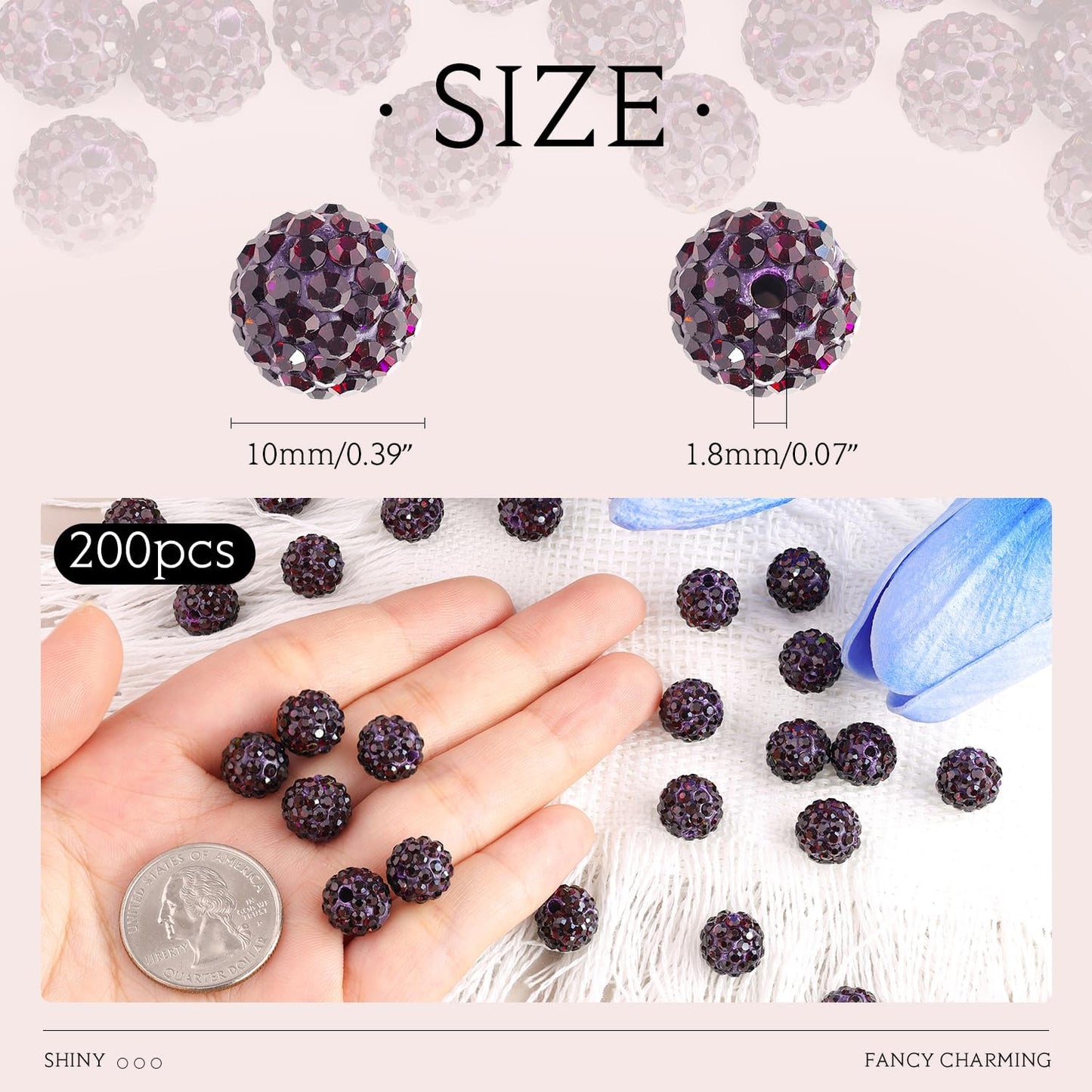200pcs 10mm Dark Purple Rhinestone Beads for Jewelry Making, Shiny Round Shamballa Disco Ball Beads, Sparkle Crystal Clay Christmas for Bracelet Baseball Necklace Earring Crafting and DIY