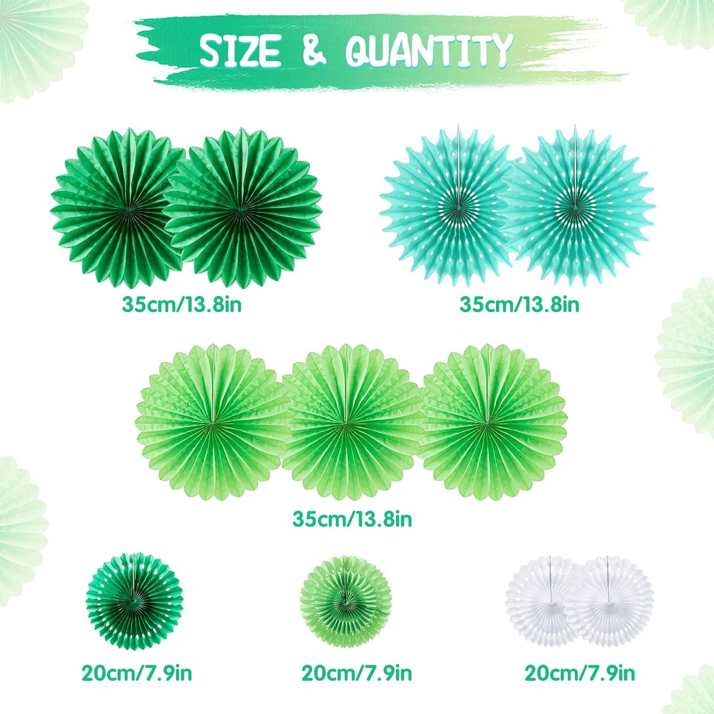 SUNBEAUTY Pack of 11 Green White Party Decoration Hanging Honeycomb Round Paper Fans Kit for Dinosaur Theme Birthday Baby Shower Summer Forest Carnival St.Patrick's Irish Backdrop Party Supplies