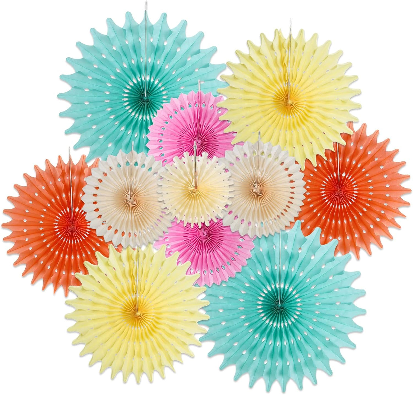 SUNBEAUTY Pack of 11 Peach Pink Yellow Mint Green Hanging Honeycomb Round Paper Fans for Birthday Baby Shower Bachelorette Anniversary Wedding Photo Booth Backdrop Party Decoration