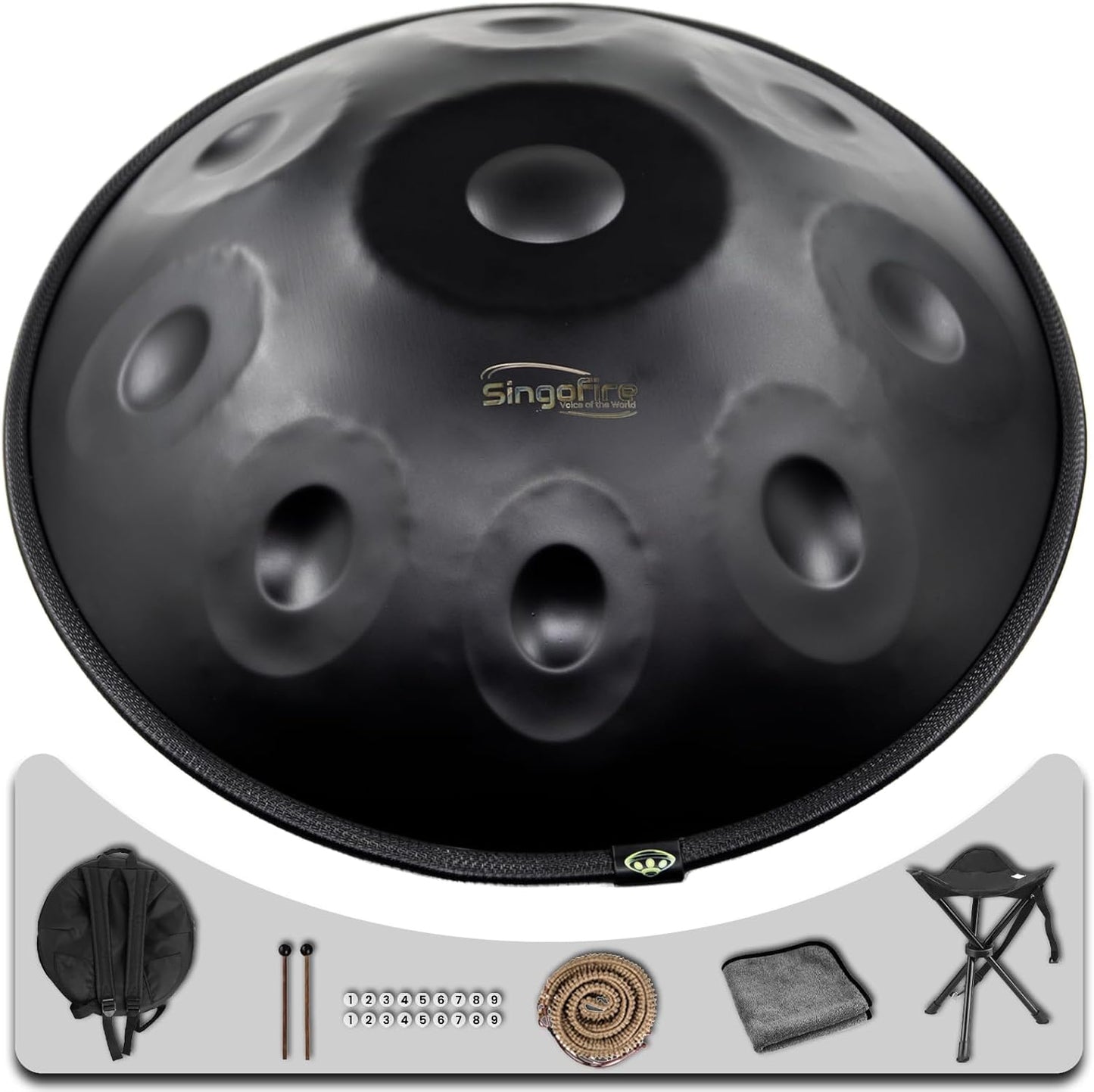 "SINGOFIRE" 9-Notes Handpan Drum, Handpan Drums for Adults, 22-Inch 440Hz D Minor Kurd Handpan, HandPan Instrument with Soft Handpan Bag, 2 Handpan Mallets, Handpan Stand and Dust-Free Cloth(Black)