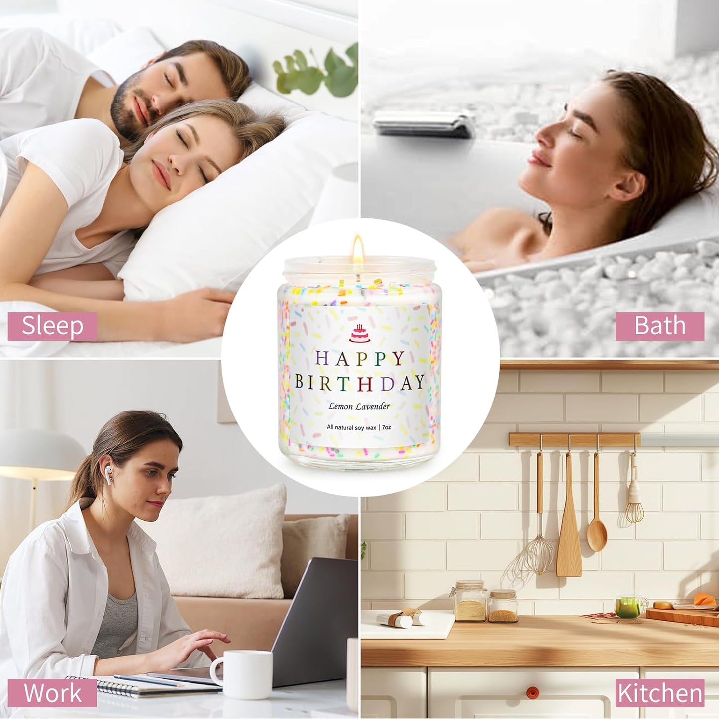 Happy Birthday Candles Set, 4 Pack Birthday Candle Gifts for Women, Unique Best Friend Birthday Gifts Ideas for Her and Him, Natural Soy Candle Scent of Vanilla Coconut/Lavender/Eucalyptus Mint - 7oz