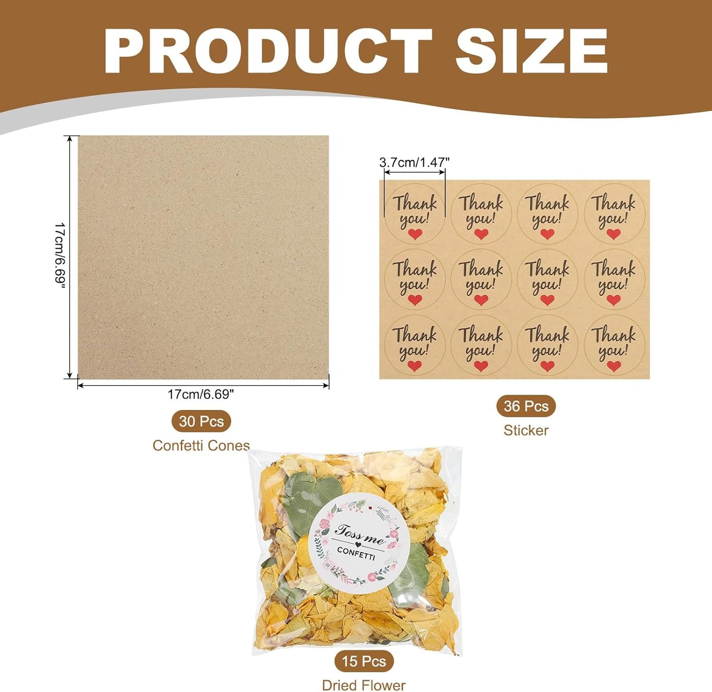 PATIKIL Dried Flower Confetti Cones, 30Pcs Paper Tapers Cone Holder with Dried Rose Petals / Sticker for Wedding Party Engagement Birthday DIY Decoration, Yellow/Green