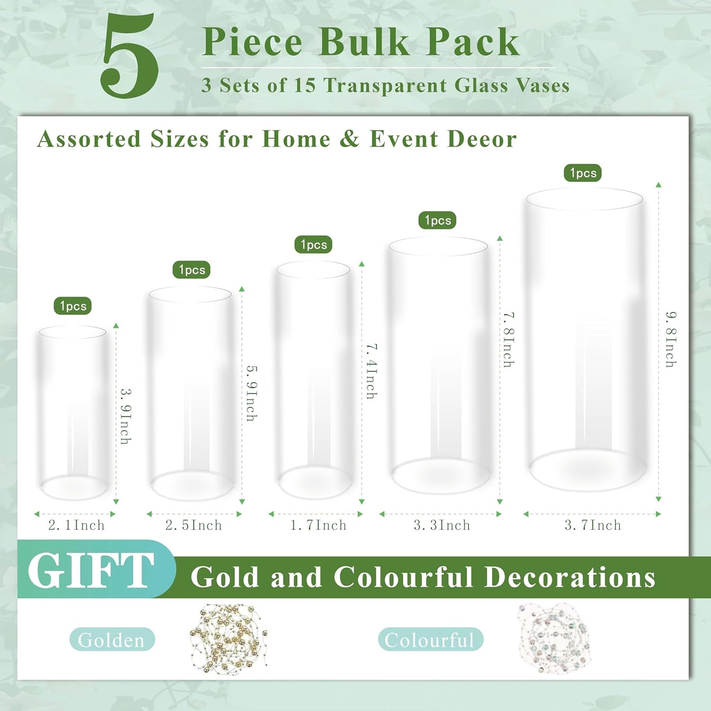 Clear Glass Vase for Centerpieces, 4,6,7.5,8,10 inch Tall Set of 5 Cylinder Flower Vase Bulk Floating Candle Holder for Wedding Table Home Décor and Party