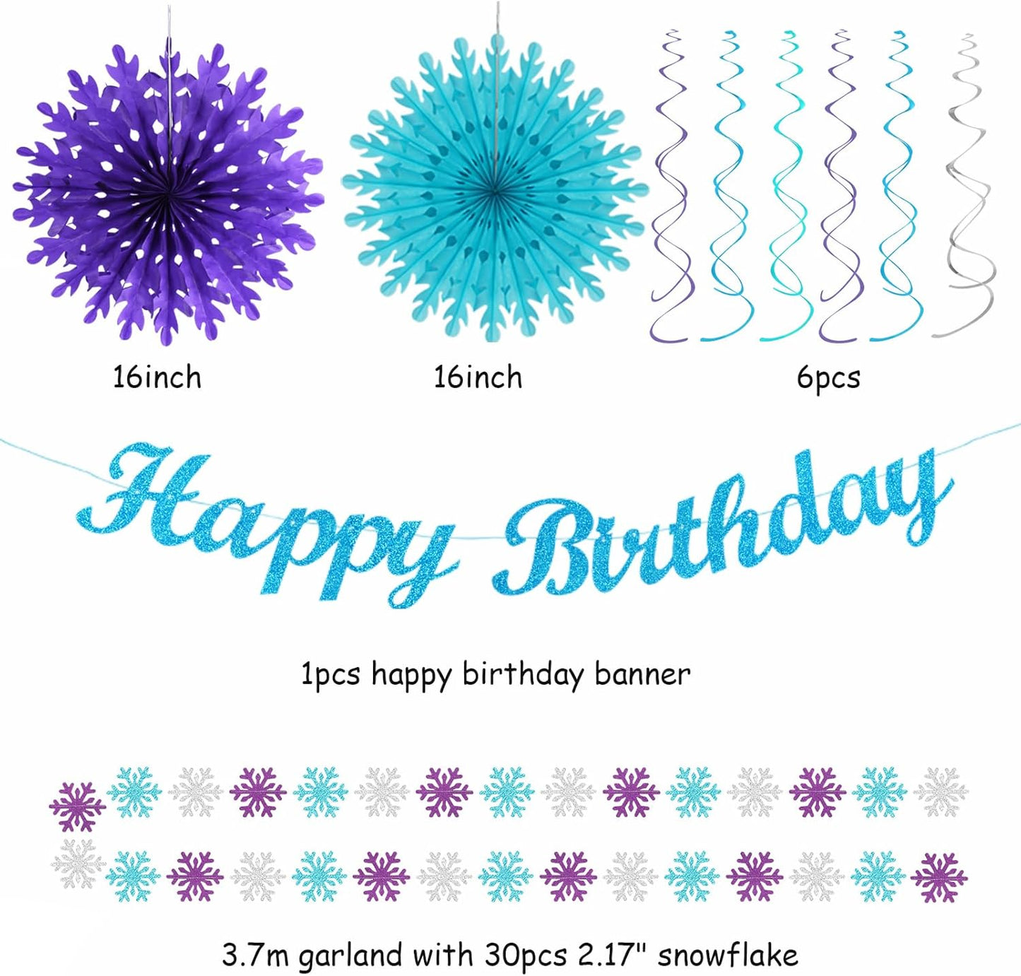 Winter-Wonderland Christmas-Snowflake Frozen Birthday Party-Decorations - 21pcs Happy Banner,Blue Purple Teal Paper Lanterns Honeycomb Streamers,Tissue Pom Poms Flower Fan,Hanging Decor Huglony