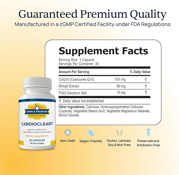 Simple Promise CardioClear7 - Coenzyme Q10 (CoQ10) and PQQ Heart Health supplement with Shilajit - Supports Circulation, Cellular Energy & Daily Vitality to Support Cardiovascular Health - 30 Capsules